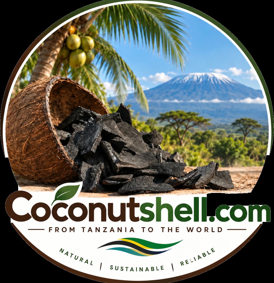 The Coconutshell.com badge: a coconut shell tipped over spilling carbonized shell, a coconut palm above and Mount Kilimanjaro beyond, over the words "From Tanzania to the world".