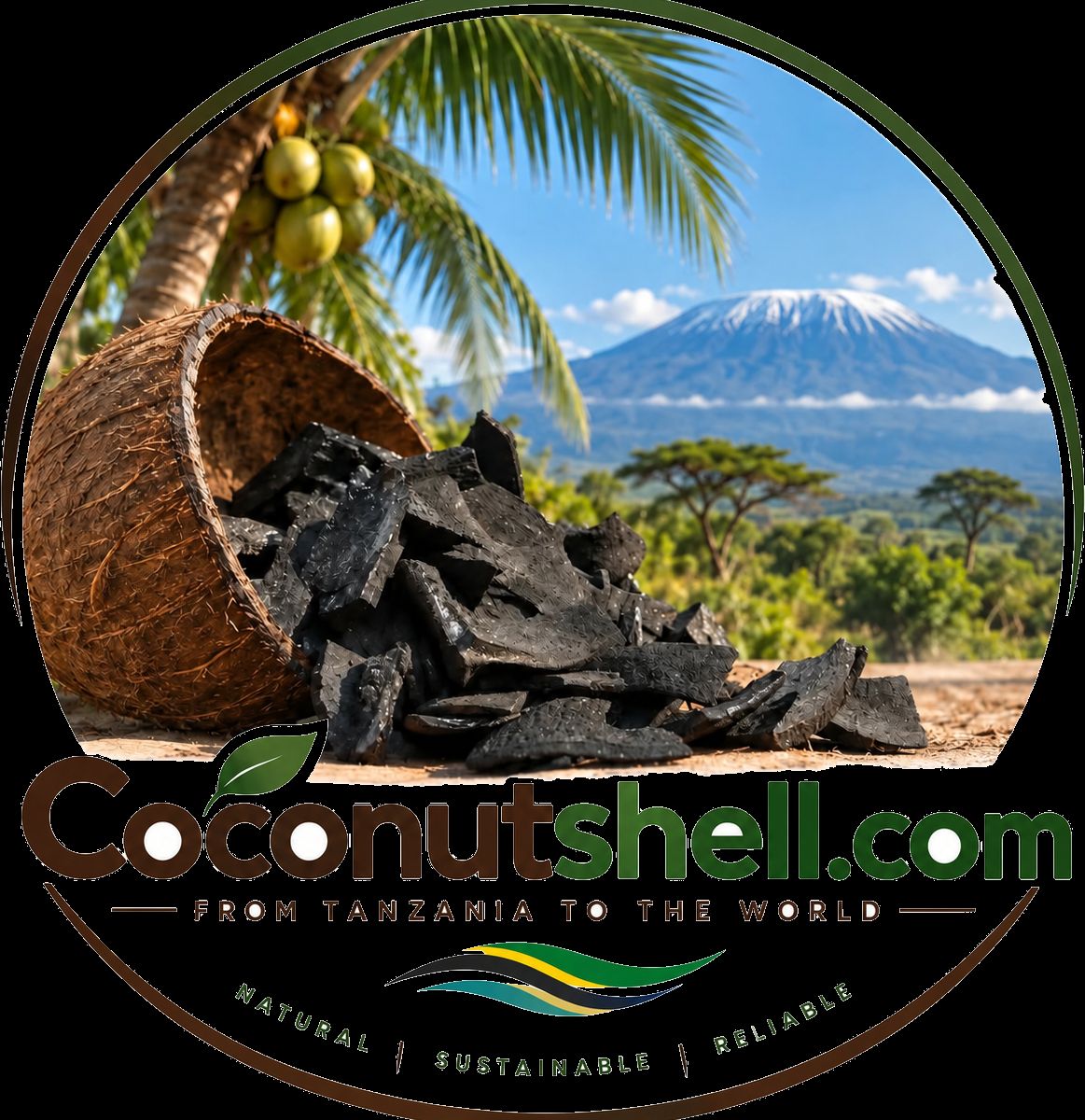 The Coconutshell.com badge: a coconut shell tipped over spilling carbonized shell, a coconut palm above and Mount Kilimanjaro beyond, over the words "From Tanzania to the world".